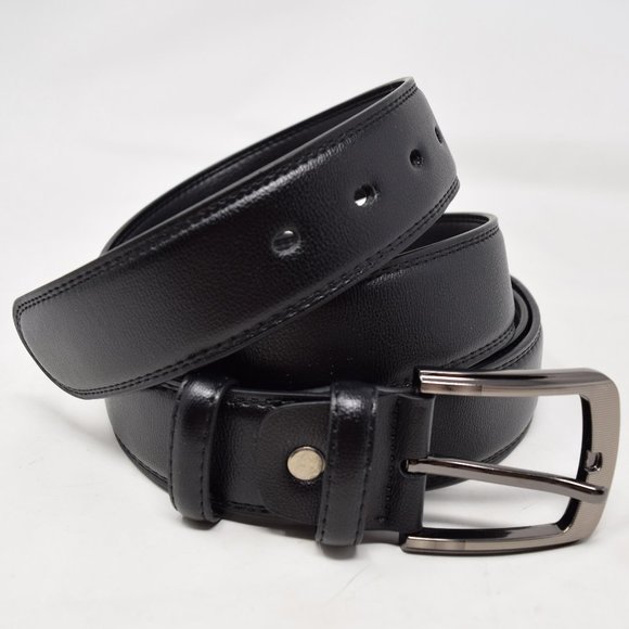 Faux Leather Belt Men 61 65 Black Career Professional Silvertone Buckle Preppy - Picture 2 of 11